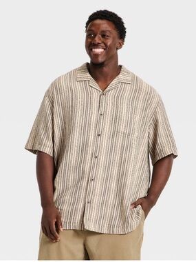 Goodfellow & Co Beige and Black Striped Short-Sleeve Button-Down Shirt